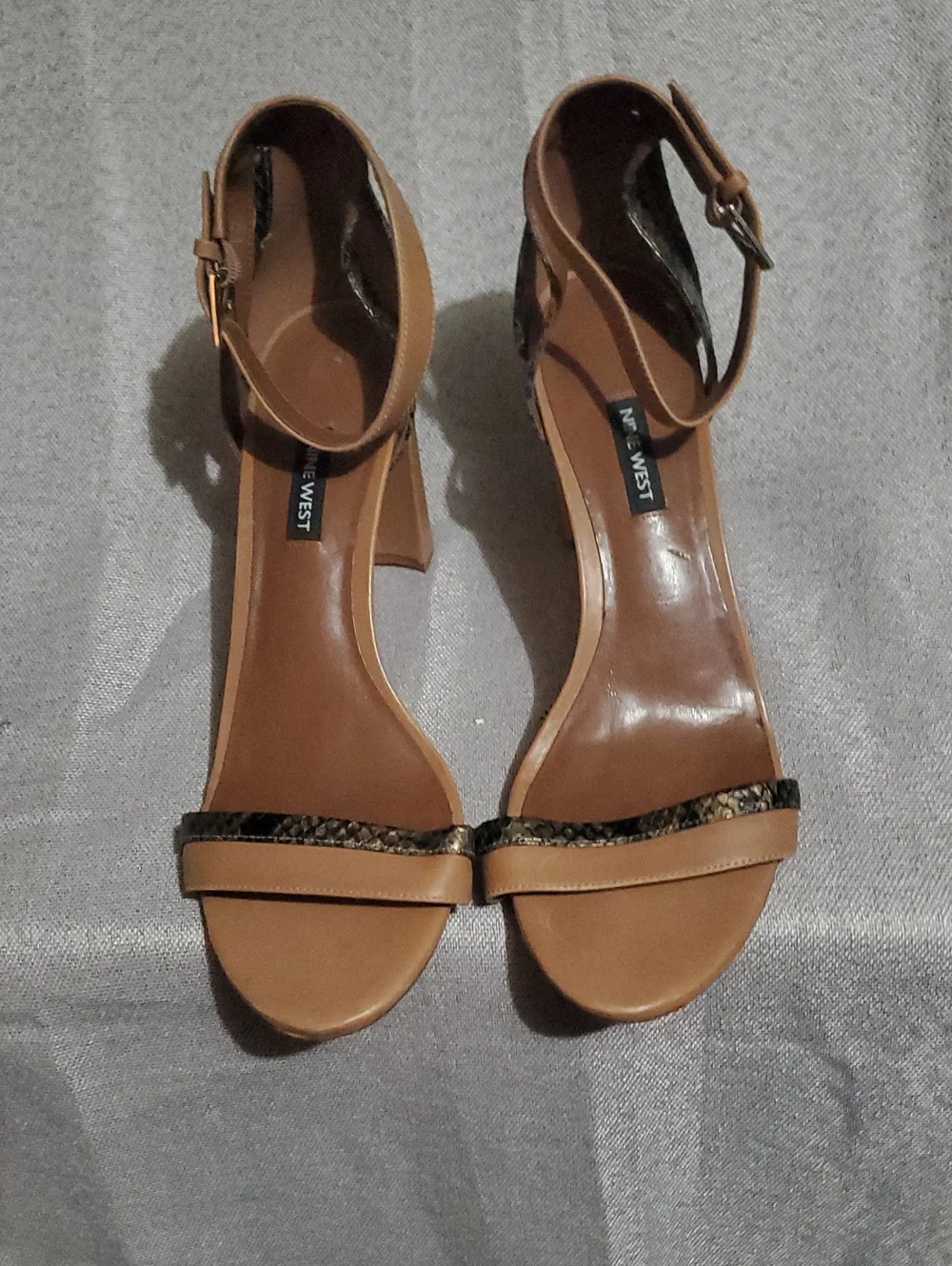 Nine West Brown Ankle-Strap Heeled Sandals with Snakeskin Trim